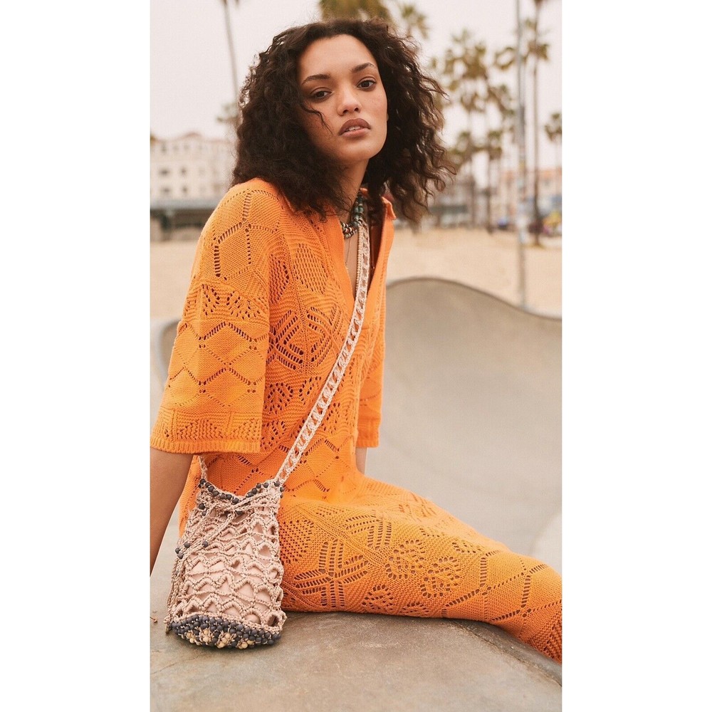 Free People Islamorada Crochet Sweater Dress Cover Up Patterned Orange Sz S NWT